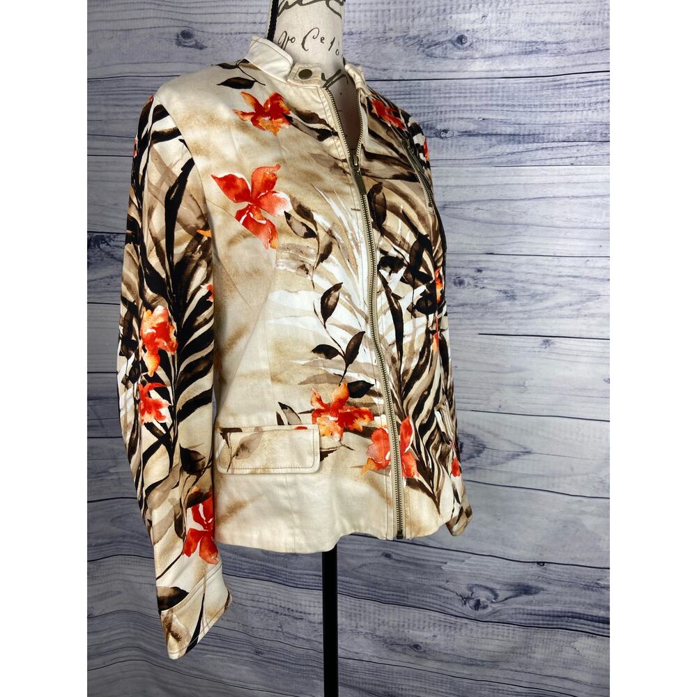 Chicos 1 Moto Jacket Womens M Long Slv Zip Lined Pockets Floral Mock Neck Cotton